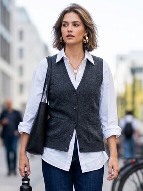 CAbi Dark Grey Wool Button Front Y Neck Sweater Vest Size S ( Style 152)